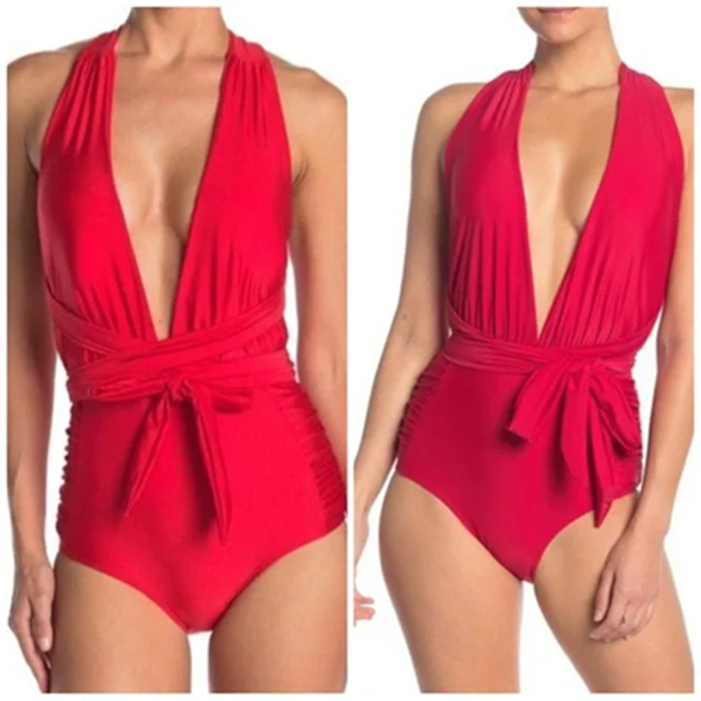 Nicole Miller Red Converible Plunging V-Neck One Piece Swimsuit Medium NEW